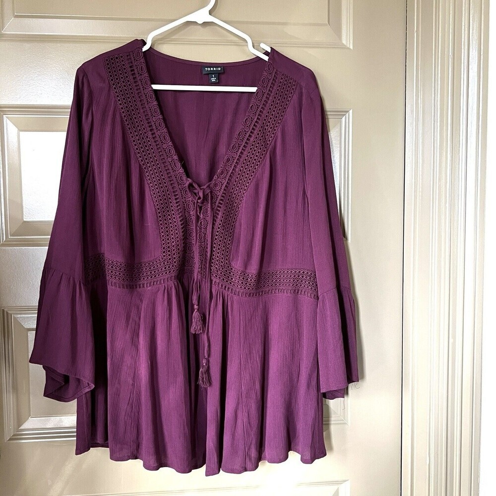 Torrid Babydoll Crinkle Gauze Crochet Lace-up Top 1X Rayon Blouse - Picture 2 of 7